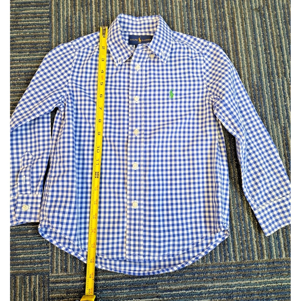 Ralph Lauren Kids Blue Gingham Button Down Shirt Size 5 Green Pony Logo Long Slv